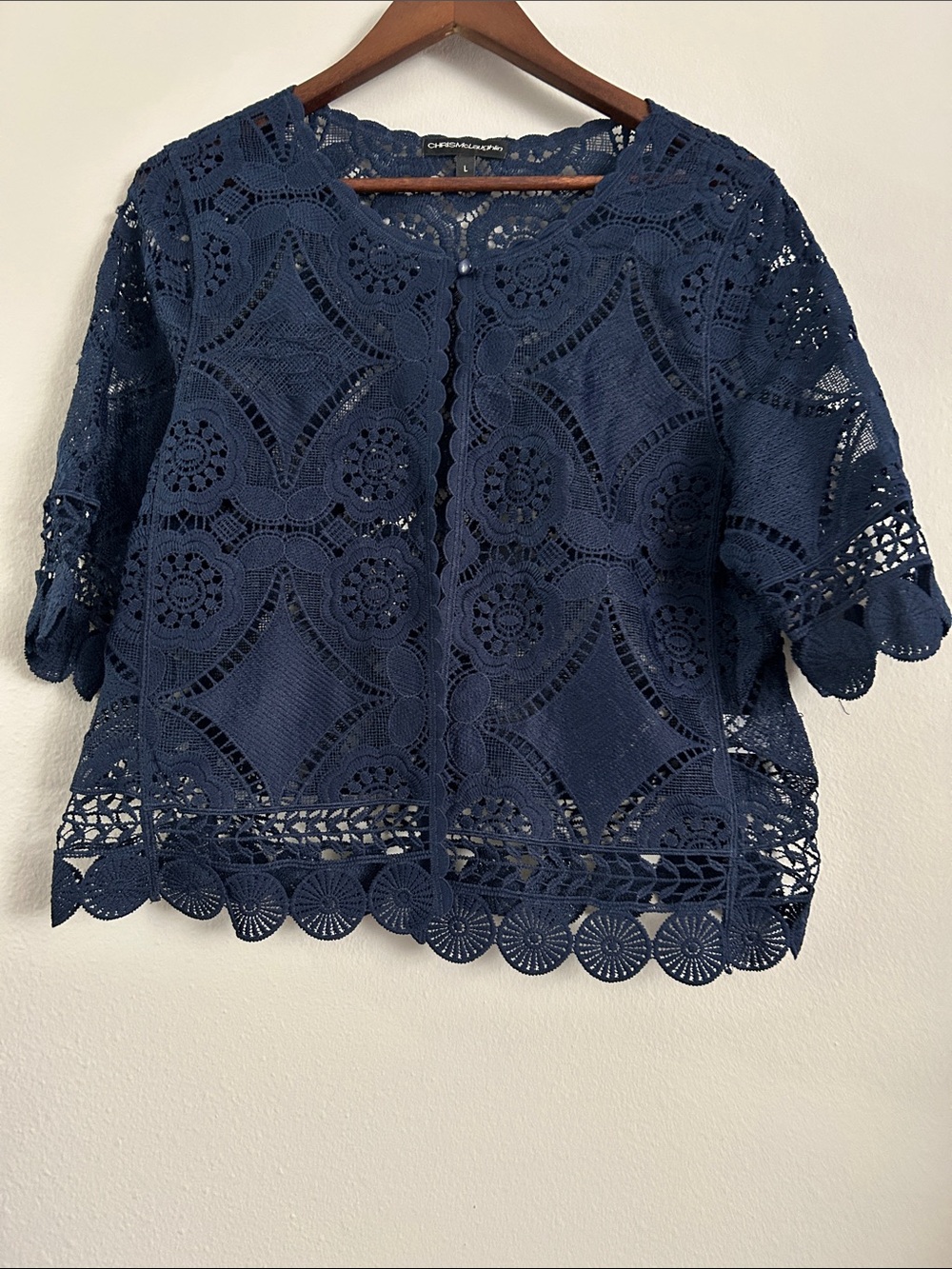 Chris McLaughlin Navy Lace Blouse – Size L | Elegant • Feminine • Vintage‑Inspir